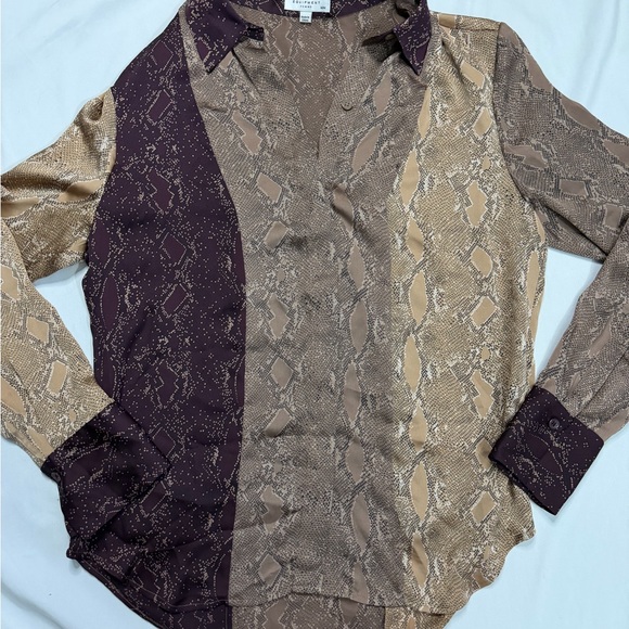 Equipment Tops - Equipment Silk Snake Print Button-Up Long Sleeve Blouse Brown Beige Purple